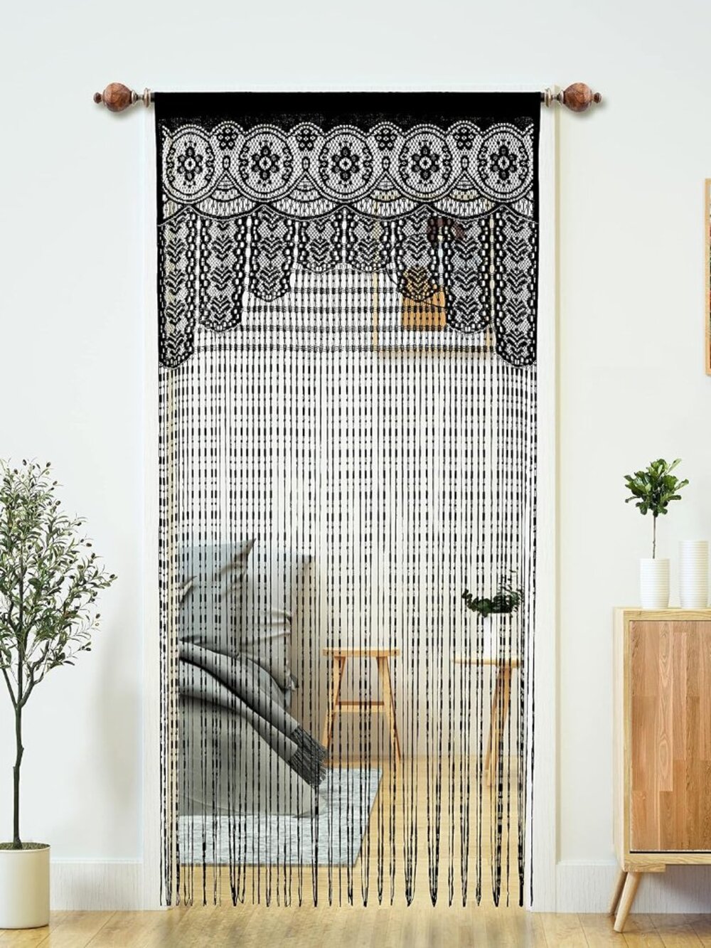 Macrame Lace Door String Curtain for Doorway, Black, 35"W x 79"L, 1 Panel